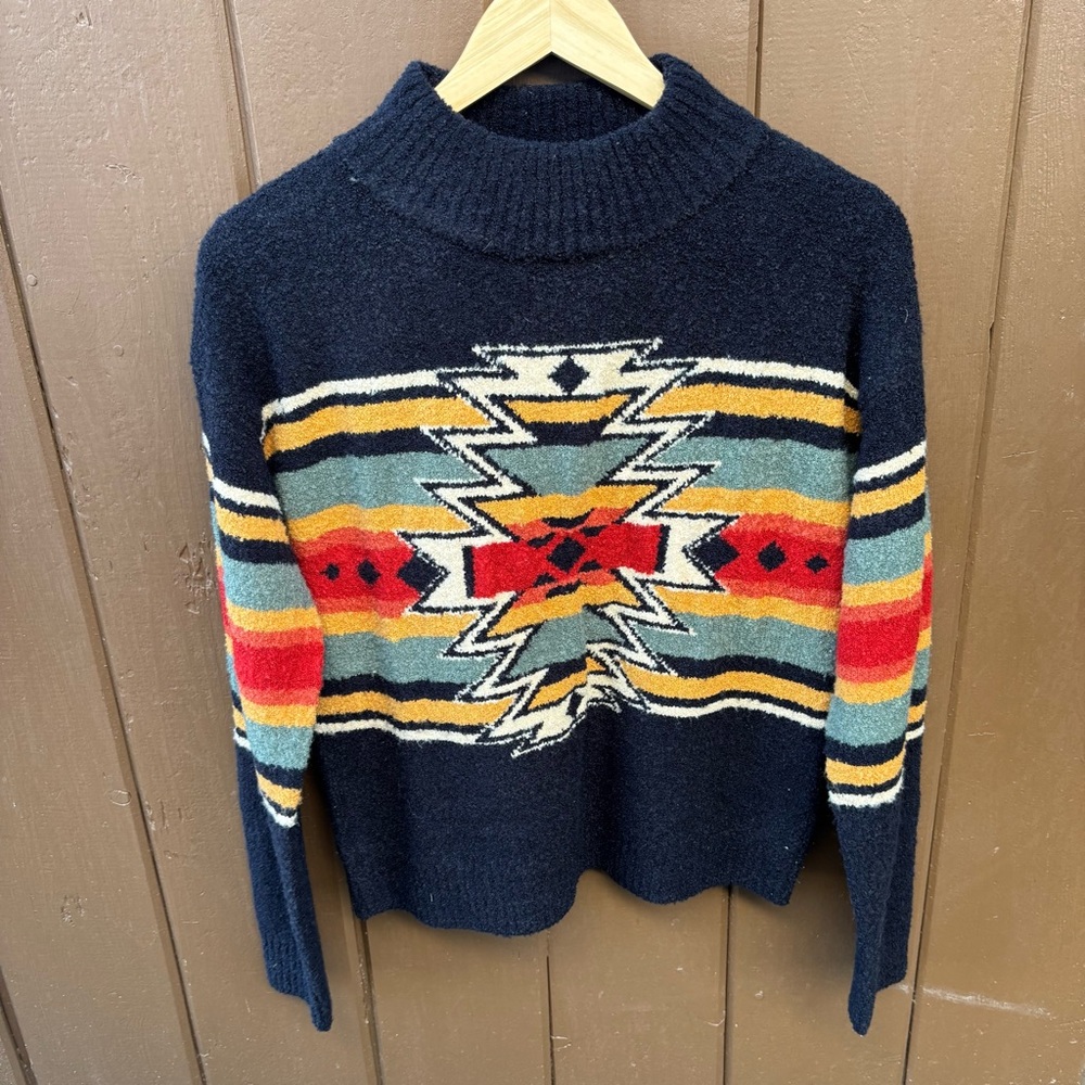 Panhandle Sweater Womens M Black R Beige Blue Aztec Western Pullover Cowboy Knit